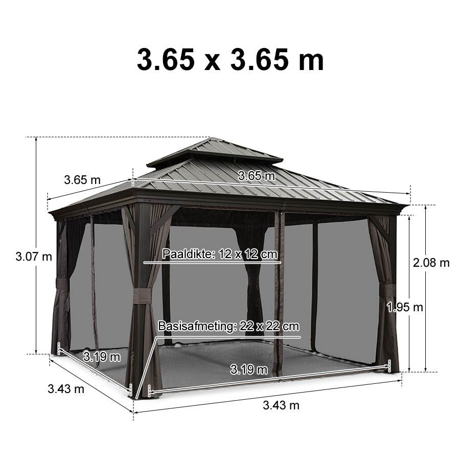 PURPLE LEAF Aluminium Hardtop Paviljoen, Luxe Tuinpaviljoen met Gegalvaniseerd Stalen Dak, Gordijnen en Klamboe, Grijs