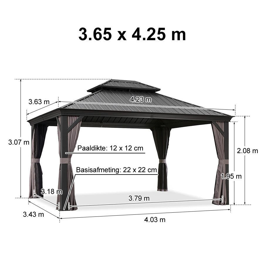 PURPLE LEAF Aluminium Hardtop Paviljoen, Luxe Tuinpaviljoen met Gegalvaniseerd Stalen Dak, Gordijnen en Klamboe, Grijs