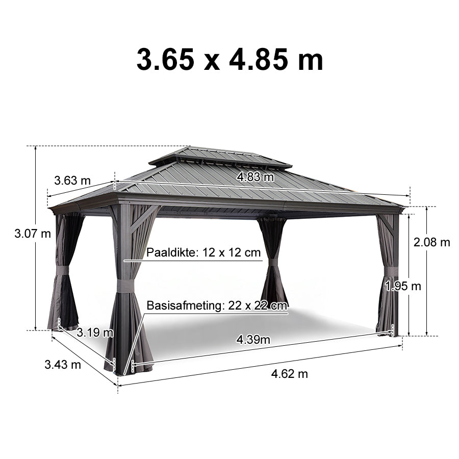 PURPLE LEAF Aluminium Hardtop Paviljoen, Luxe Tuinpaviljoen met Gegalvaniseerd Stalen Dak, Gordijnen en Klamboe, Grijs