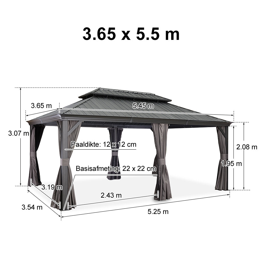PURPLE LEAF Aluminium Hardtop Paviljoen, Luxe Tuinpaviljoen met Gegalvaniseerd Stalen Dak, Gordijnen en Klamboe, Grijs