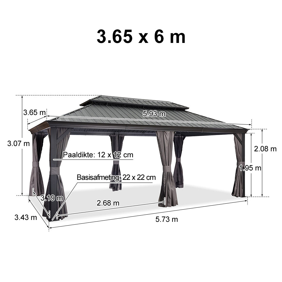 PURPLE LEAF Aluminium Hardtop Paviljoen, Luxe Tuinpaviljoen met Gegalvaniseerd Stalen Dak, Gordijnen en Klamboe, Grijs