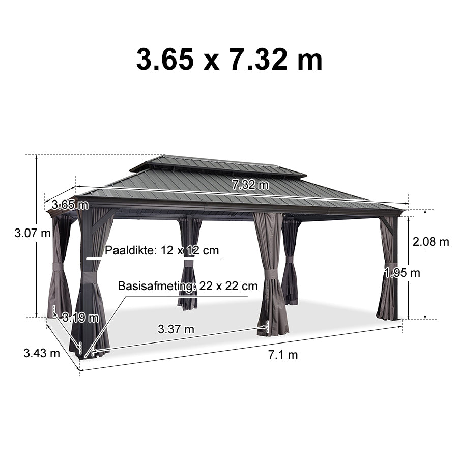 PURPLE LEAF Aluminium Hardtop Paviljoen, Luxe Tuinpaviljoen met Gegalvaniseerd Stalen Dak, Gordijnen en Klamboe, Grijs
