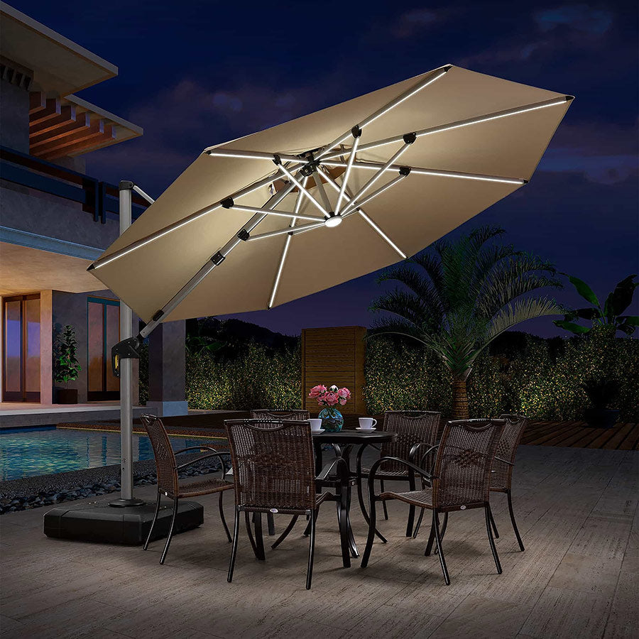 PURPLE LEAF Ronde Zweefparasol met LED, Dubbel Dak, 360° Draaibaar voor Tuin en Terras