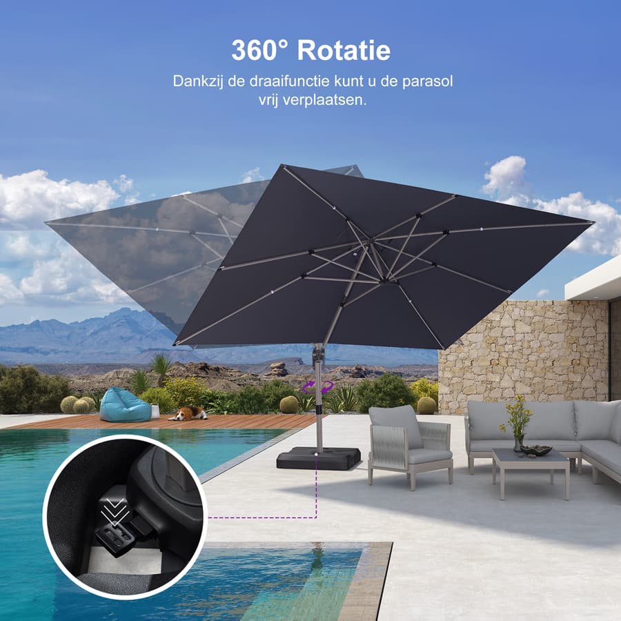 PURPLE LEAF Deluxe Zweefparasol - Rechthoekig Aluminium - Windbestendig & 360° Draaibaar voor Tuin en Terras