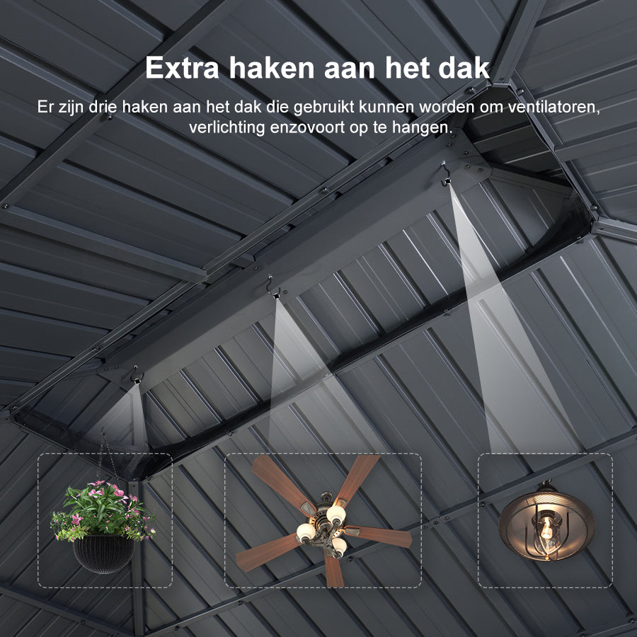 PURPLE LEAF Hardtop Tuinpaviljoen met Stalen Dak, Aluminium Frame, Gordijnen & Klamboe – Grijs