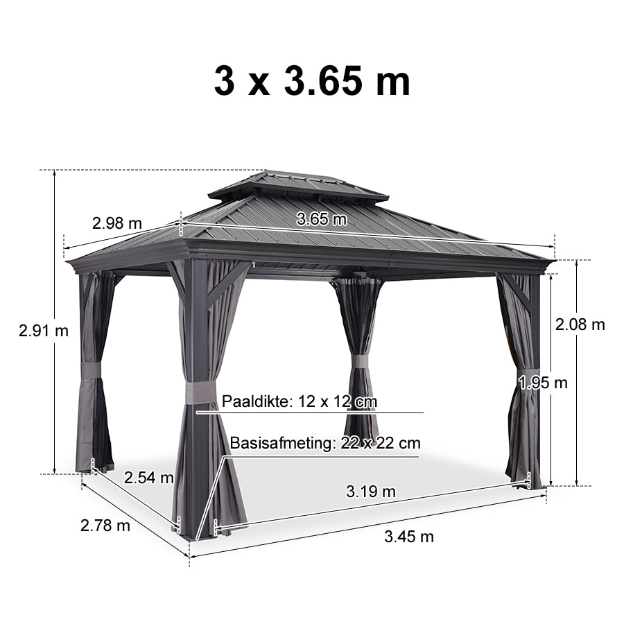 PURPLE LEAF Aluminium Hardtop Paviljoen, Luxe Tuinpaviljoen met Gegalvaniseerd Stalen Dak, Gordijnen en Klamboe, Grijs