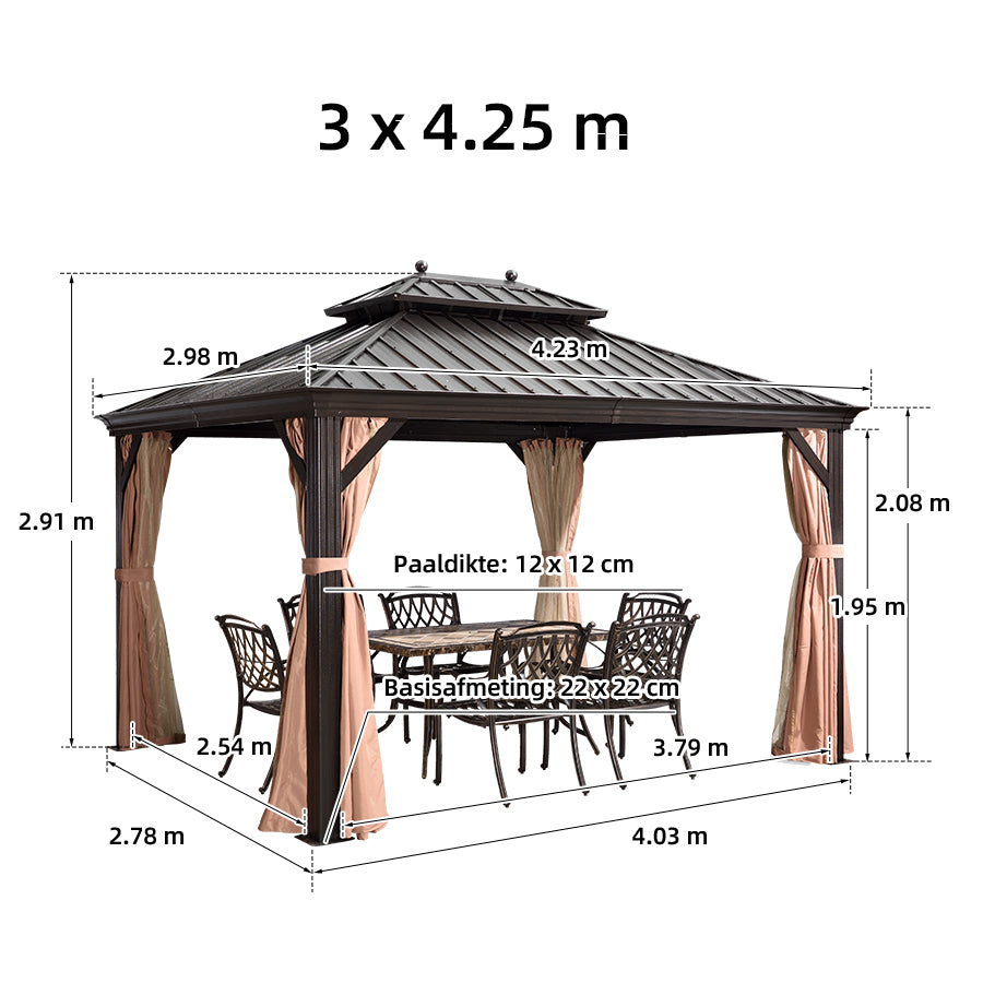 PURPLE LEAF Aluminium Hardtop Paviljoen Brons, Luxe Tuinpaviljoen met Gegalvaniseerd Stalen Dak, Gordijnen en Klamboe