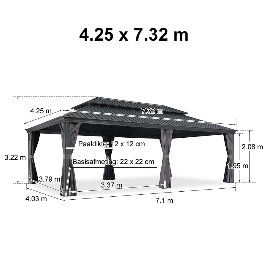 PURPLE LEAF Aluminium Hardtop Paviljoen, Luxe Tuinpaviljoen met Gegalvaniseerd Stalen Dak, Gordijnen en Klamboe, Grijs