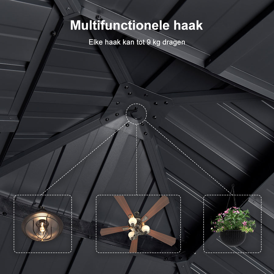 PURPLE LEAF Hardtop Tuinpaviljoen met Stalen Dak, Aluminium Frame, Gordijnen & Klamboe – Grijs