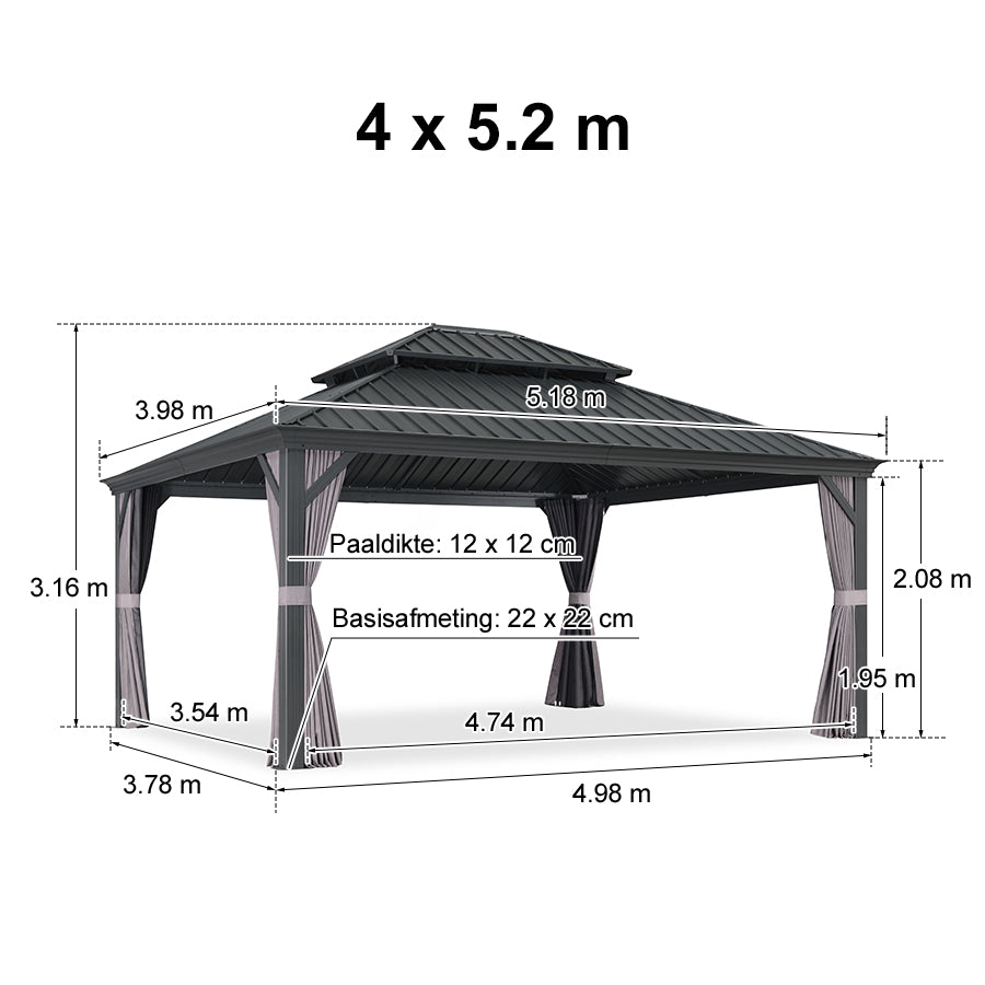 PURPLE LEAF Aluminium Hardtop Paviljoen, Luxe Tuinpaviljoen met Gegalvaniseerd Stalen Dak, Gordijnen en Klamboe, Grijs