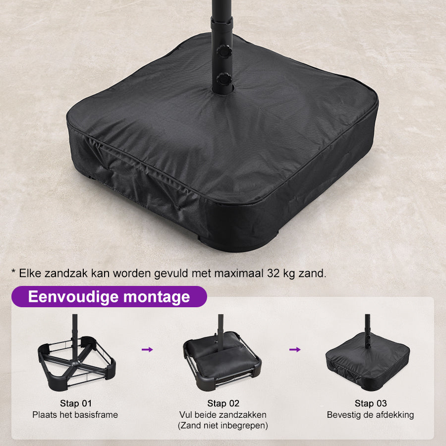 PURPLE LEAF Grote Parasol met 3 Kappen en LED-verlichting voor Tuin en Terras, inclusief Voet