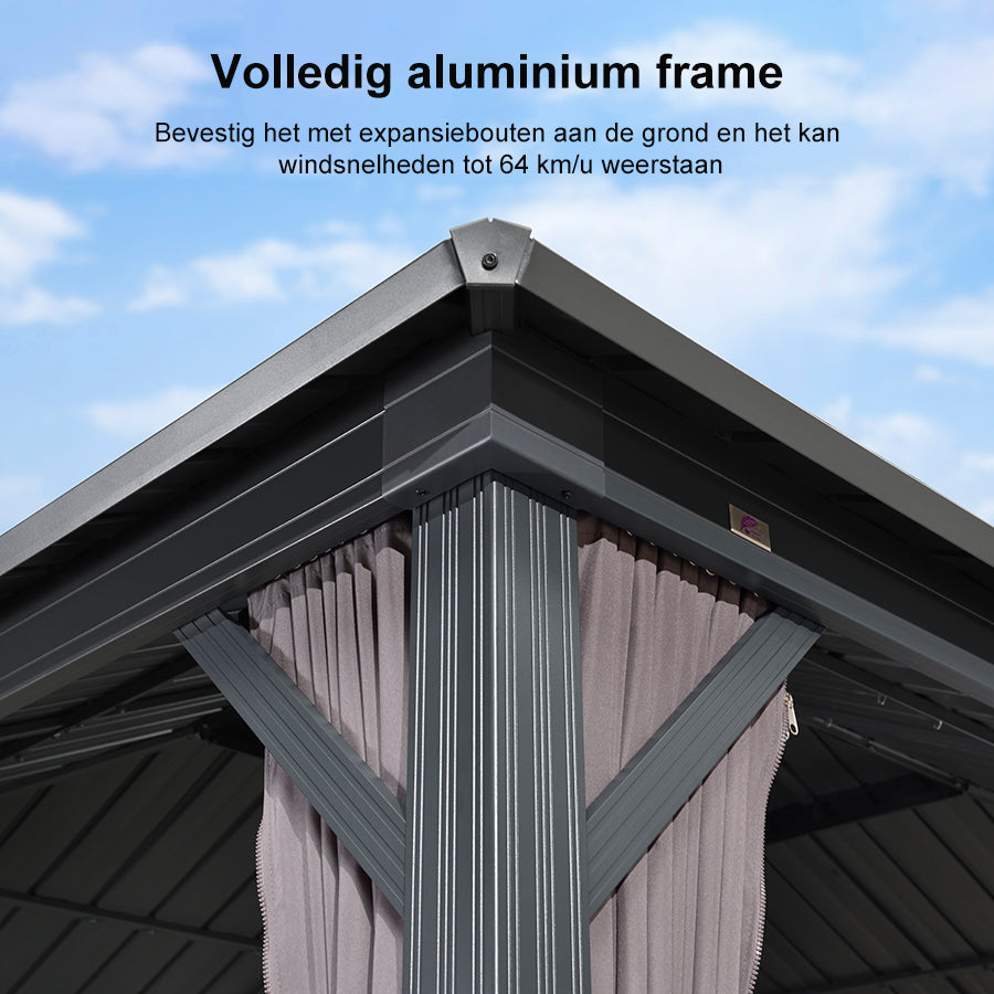 PURPLE LEAF Hardtop Tuinpaviljoen met Stalen Dak, Aluminium Frame, Gordijnen & Klamboe – Grijs