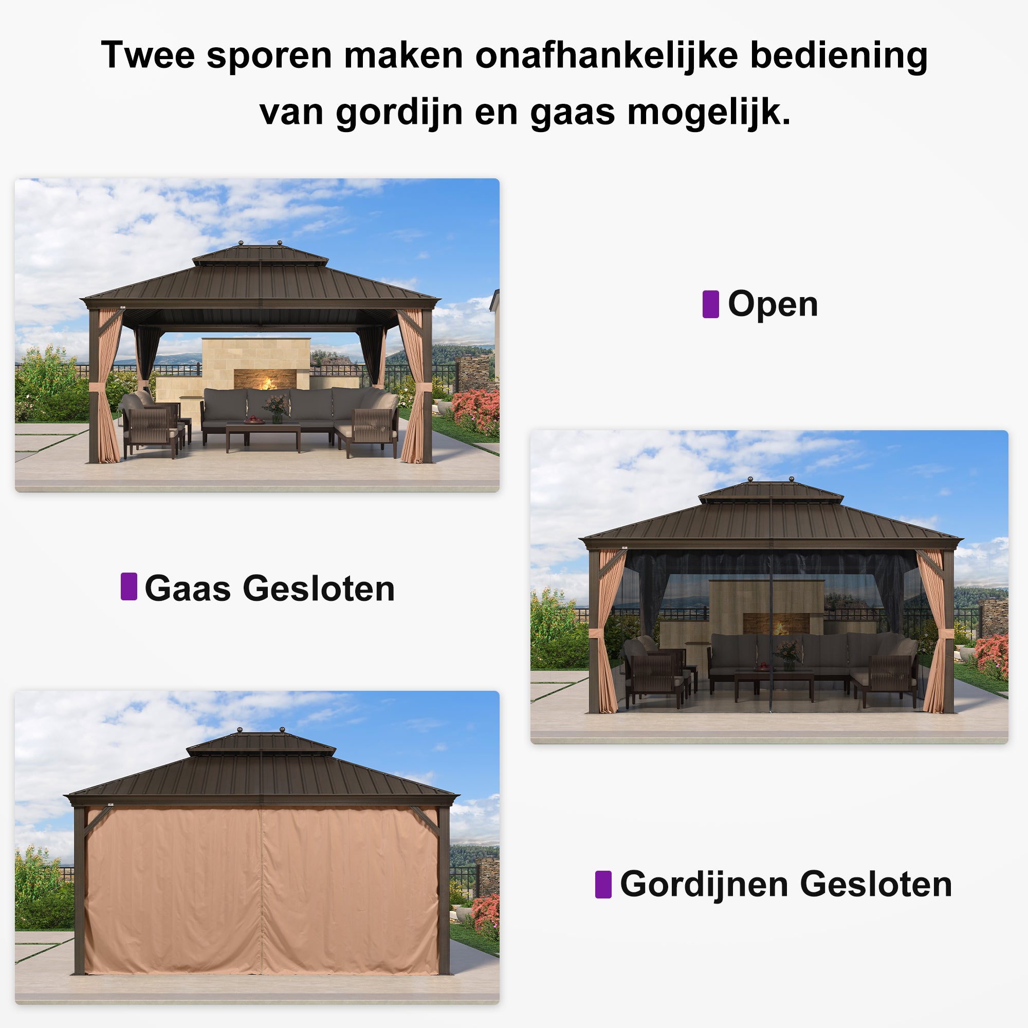 PURPLE LEAF Aluminium Hardtop Paviljoen Brons, Luxe Tuinpaviljoen met Gegalvaniseerd Stalen Dak, Gordijnen en Klamboe