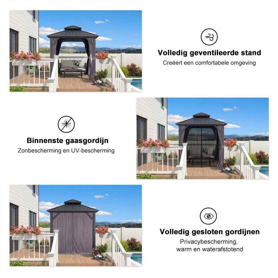 PURPLE LEAF Hardtop Tuinpaviljoen met Stalen Dak, Aluminium Frame, Gordijnen & Klamboe – Grijs