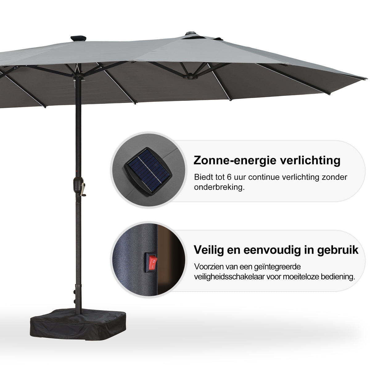 PURPLE LEAF Grote Parasol met 3 Kappen en LED-verlichting voor Tuin en Terras, inclusief Voet