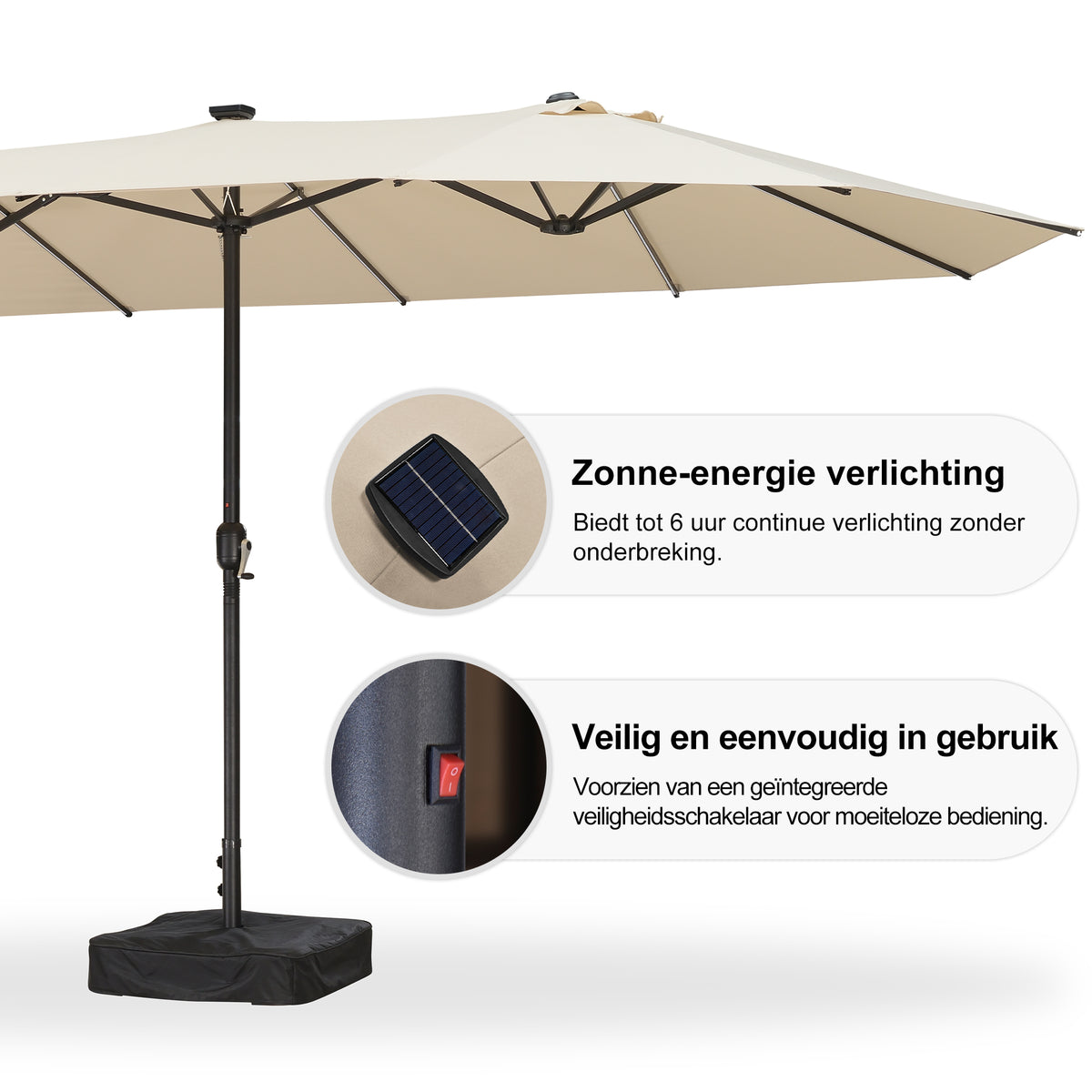 PURPLE LEAF Grote Parasol met 3 Kappen en LED-verlichting voor Tuin en Terras, inclusief Voet