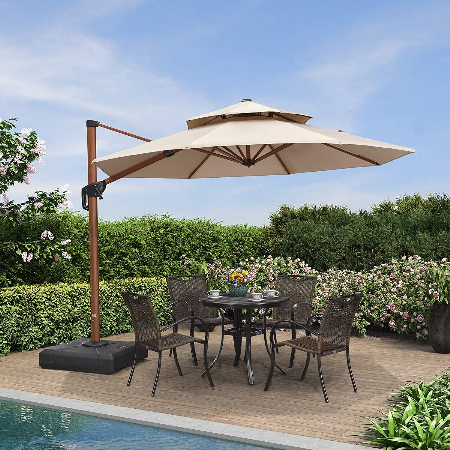 PURPLE LEAF Dubbele Top 330cm/365cm Ronde Aluminium Terrasparasol In Houtkleur