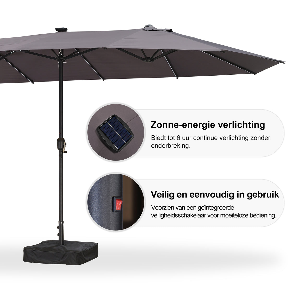 PURPLE LEAF Grote Parasol met 3 Kappen en LED-verlichting voor Tuin en Terras, inclusief Voet