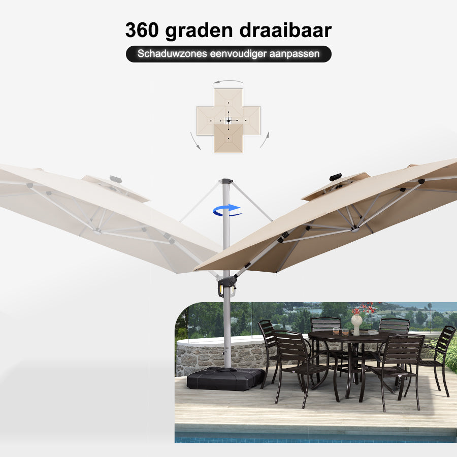 PURPLE LEAF Vierkante Zweefparasol met LED, Dubbel Dak, 360° Draaibaar voor Tuin en Terras