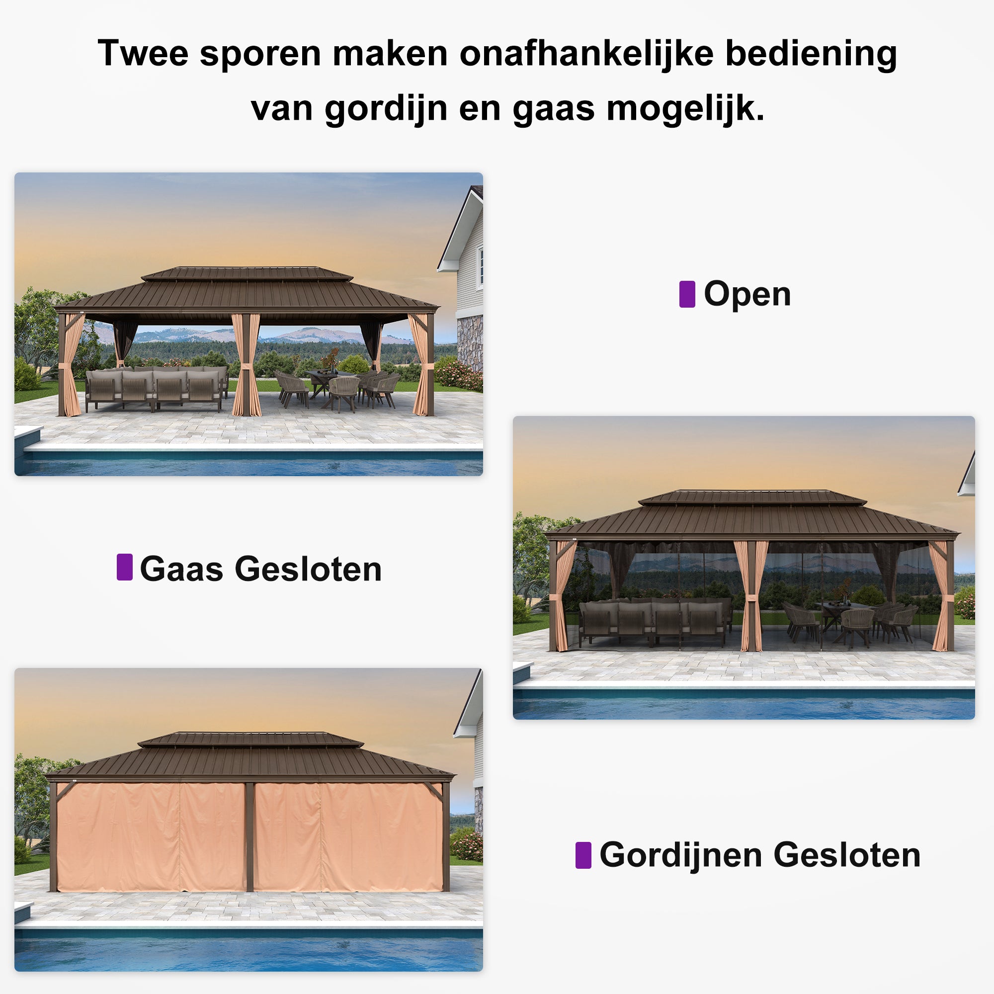 PURPLE LEAF Aluminium Hardtop Paviljoen Brons, Luxe Tuinpaviljoen met Gegalvaniseerd Stalen Dak, Gordijnen en Klamboe