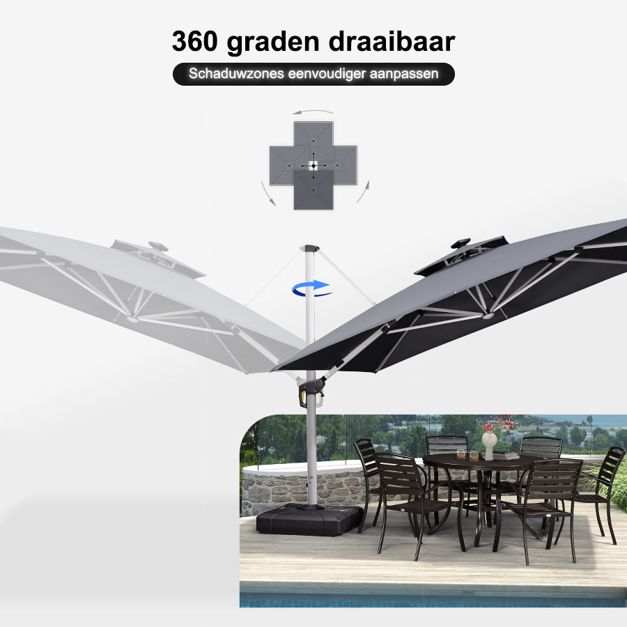 PURPLE LEAF Vierkante Zweefparasol met LED, Dubbel Dak, 360° Draaibaar voor Tuin en Terras