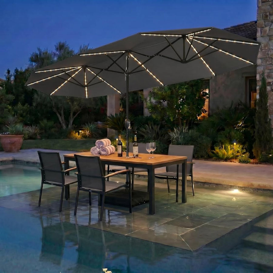 PURPLE LEAF Grote Parasol met 3 Kappen en LED-verlichting voor Tuin en Terras, inclusief Voet
