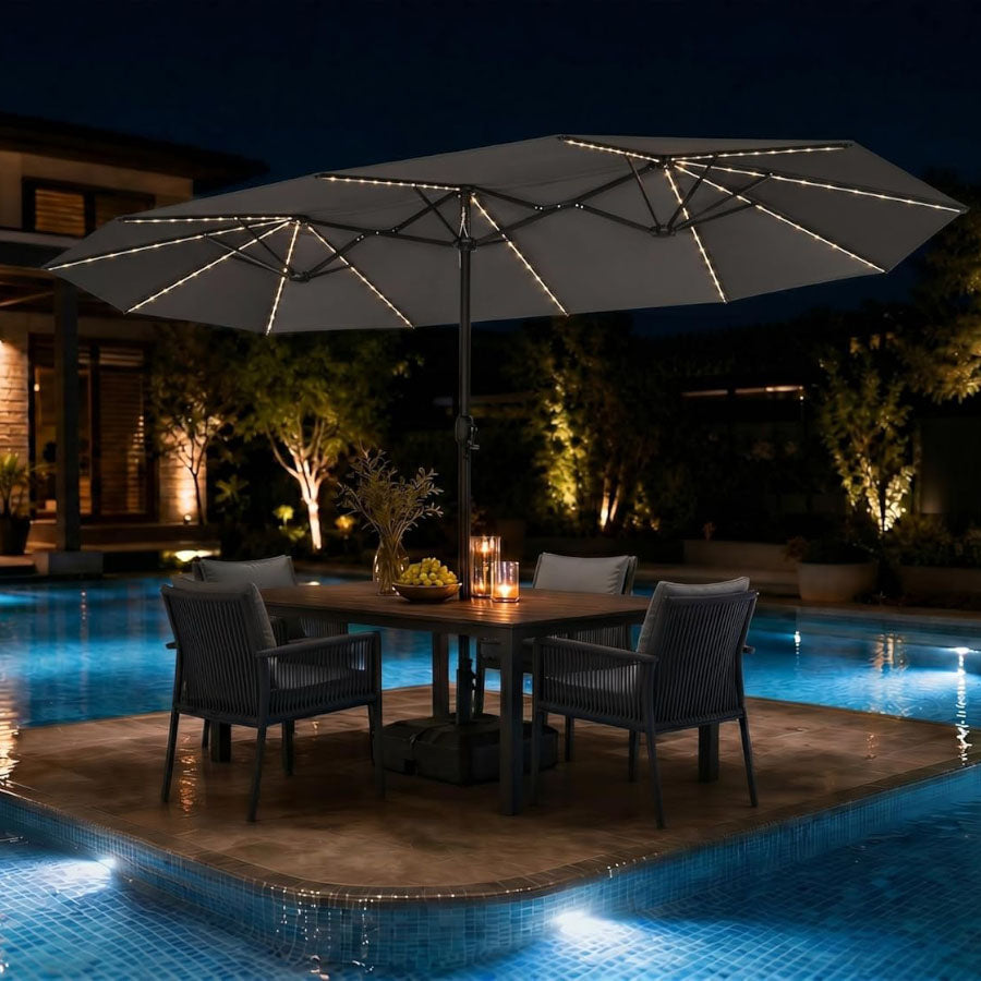 PURPLE LEAF Grote Parasol met 3 Kappen en LED-verlichting voor Tuin en Terras, inclusief Voet