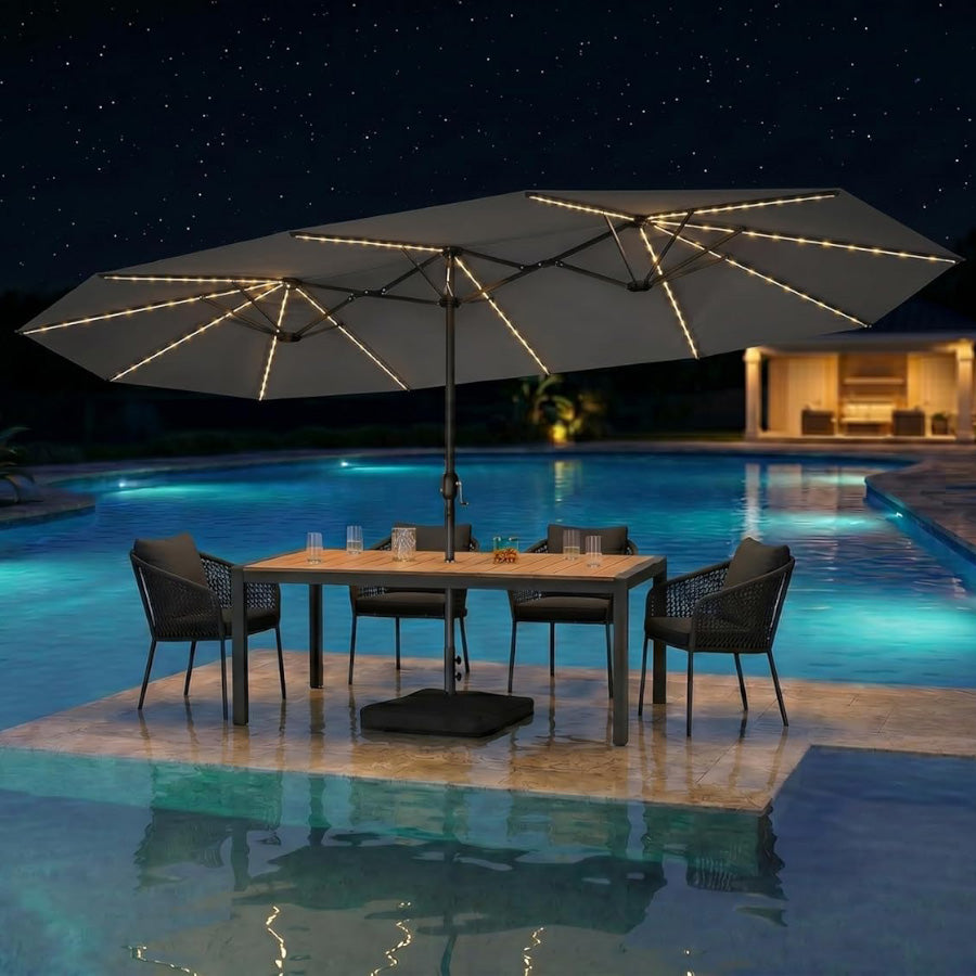 PURPLE LEAF Grote Parasol met 3 Kappen en LED-verlichting voor Tuin en Terras, inclusief Voet