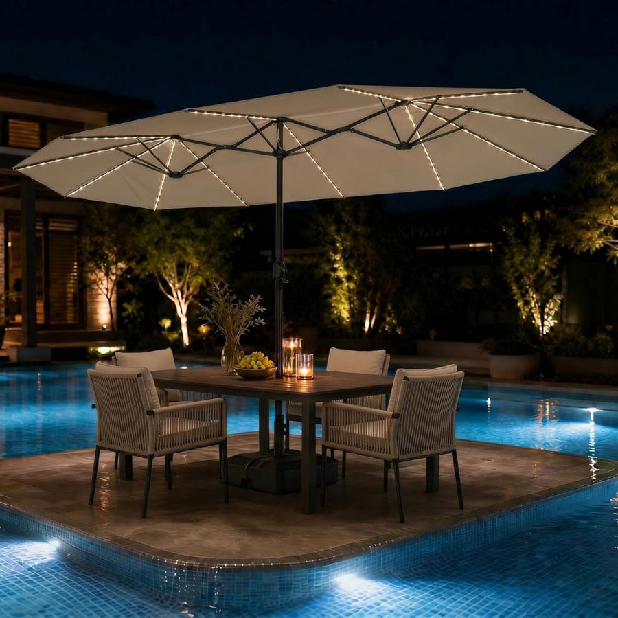 PURPLE LEAF Grote Parasol met 3 Kappen en LED-verlichting voor Tuin en Terras, inclusief Voet