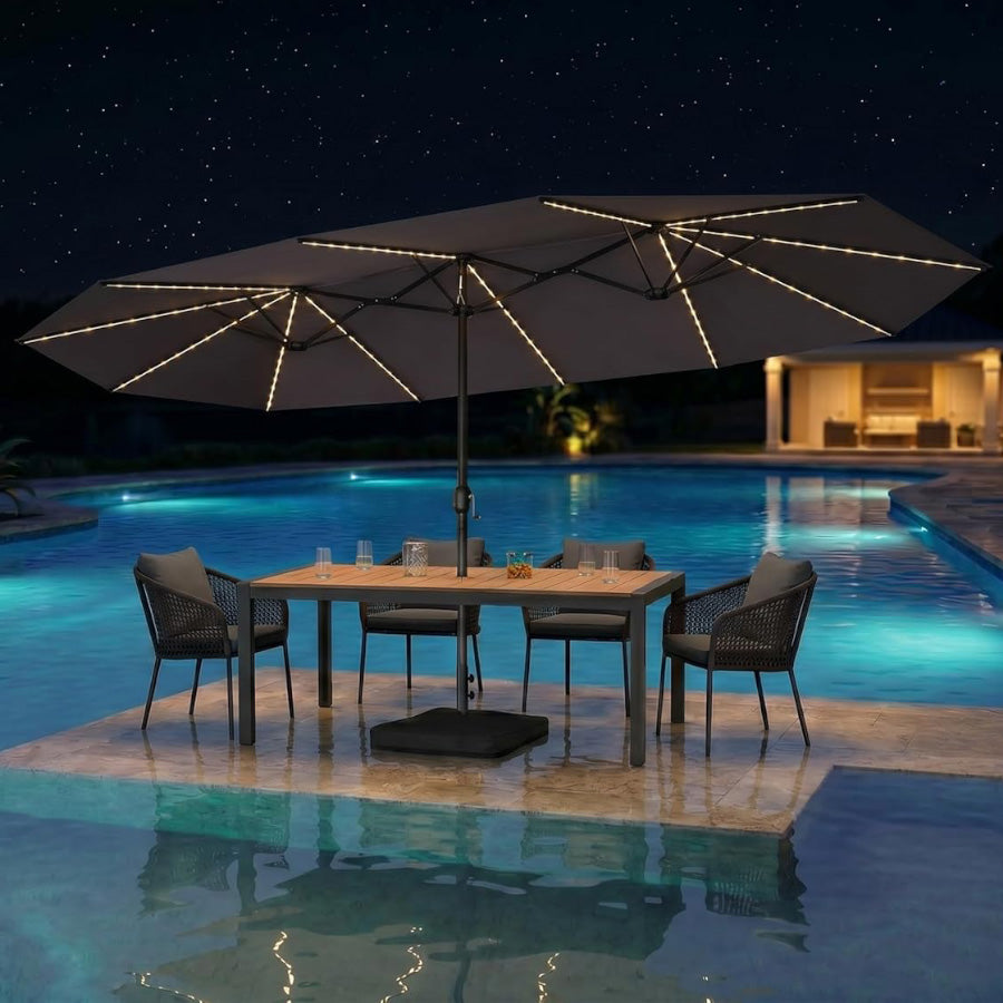 PURPLE LEAF Grote Parasol met 3 Kappen en LED-verlichting voor Tuin en Terras, inclusief Voet