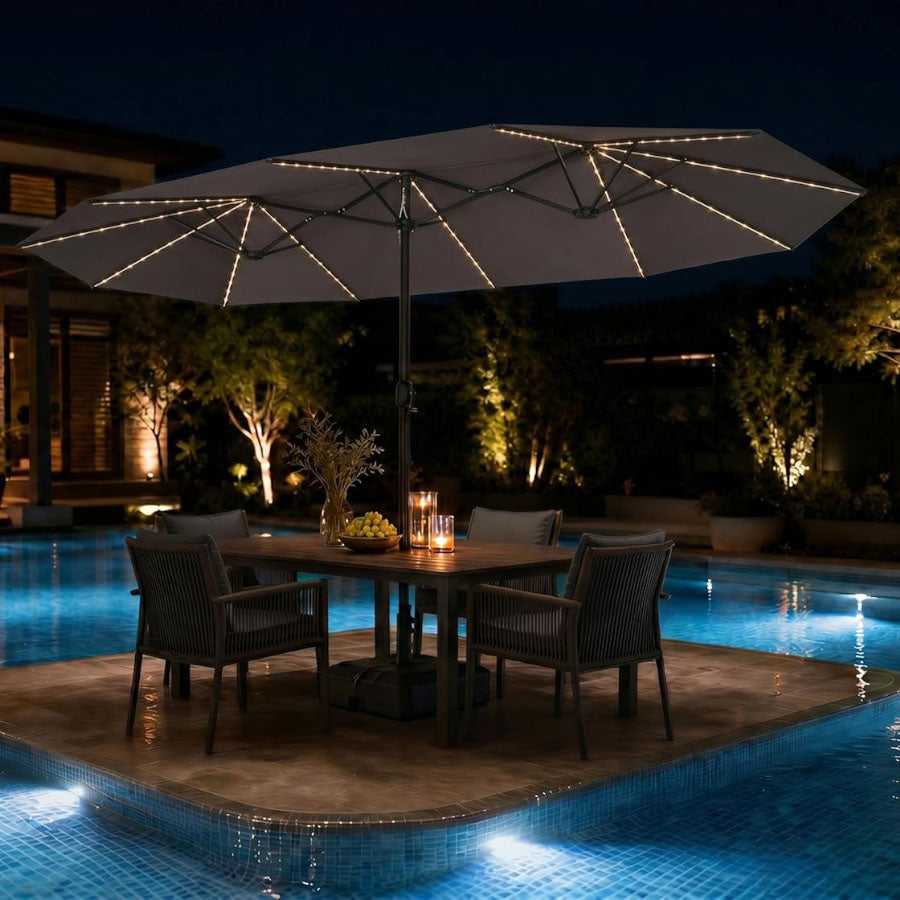 PURPLE LEAF Grote Parasol met 3 Kappen en LED-verlichting voor Tuin en Terras, inclusief Voet