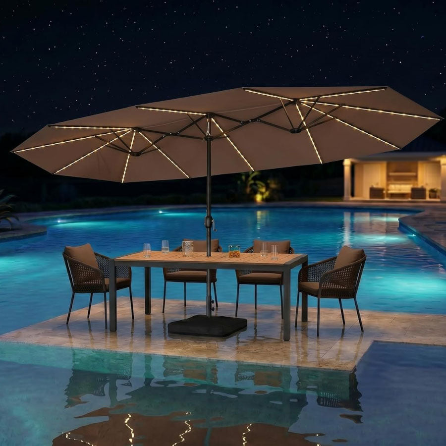 PURPLE LEAF Grote Parasol met 3 Kappen en LED-verlichting voor Tuin en Terras, inclusief Voet