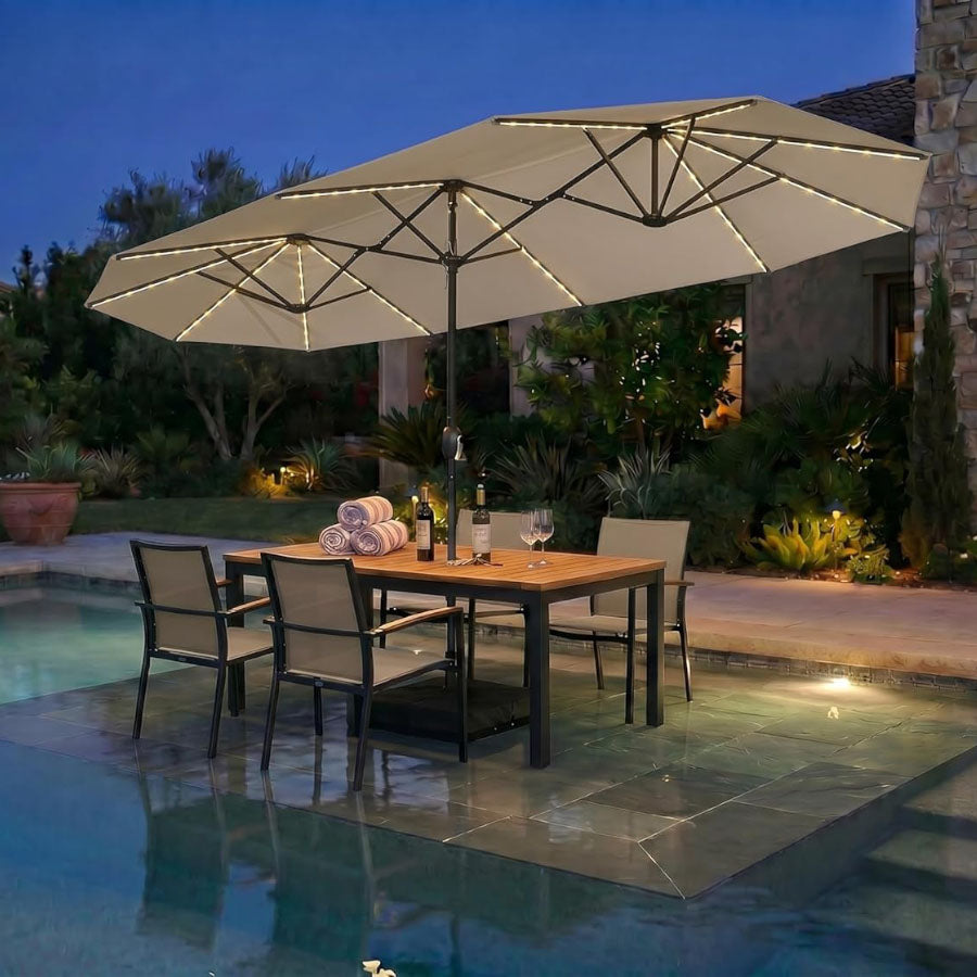 PURPLE LEAF Grote Parasol met 3 Kappen en LED-verlichting voor Tuin en Terras, inclusief Voet