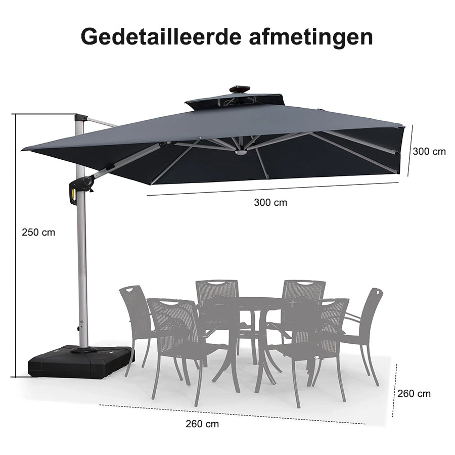 PURPLE LEAF Vierkante Zweefparasol met LED, Dubbel Dak, 360° Draaibaar voor Tuin en Terras