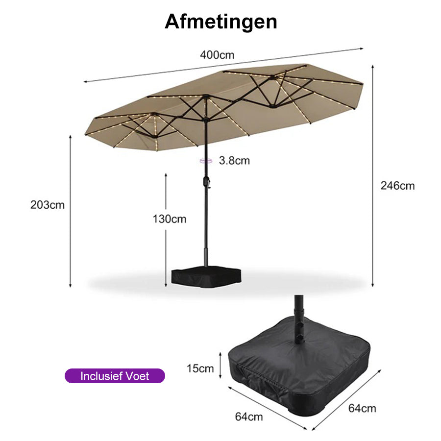 PURPLE LEAF Grote Parasol met 3 Kappen en LED-verlichting voor Tuin en Terras, inclusief Voet