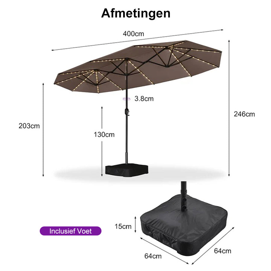 PURPLE LEAF Grote Parasol met 3 Kappen en LED-verlichting voor Tuin en Terras, inclusief Voet