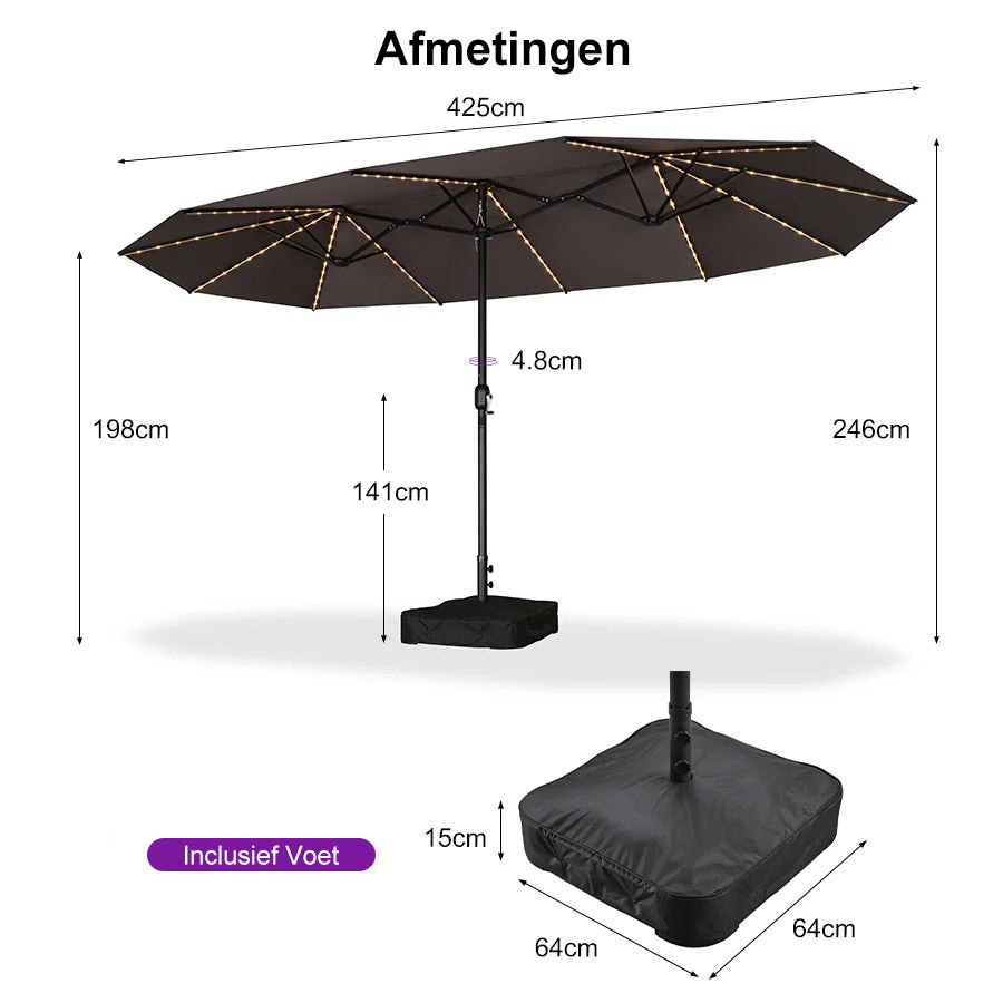PURPLE LEAF Grote Parasol met 3 Kappen en LED-verlichting voor Tuin en Terras, inclusief Voet