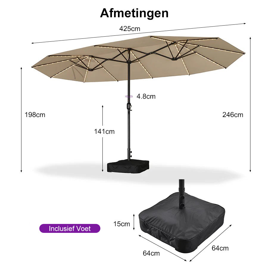 PURPLE LEAF Grote Parasol met 3 Kappen en LED-verlichting voor Tuin en Terras, inclusief Voet
