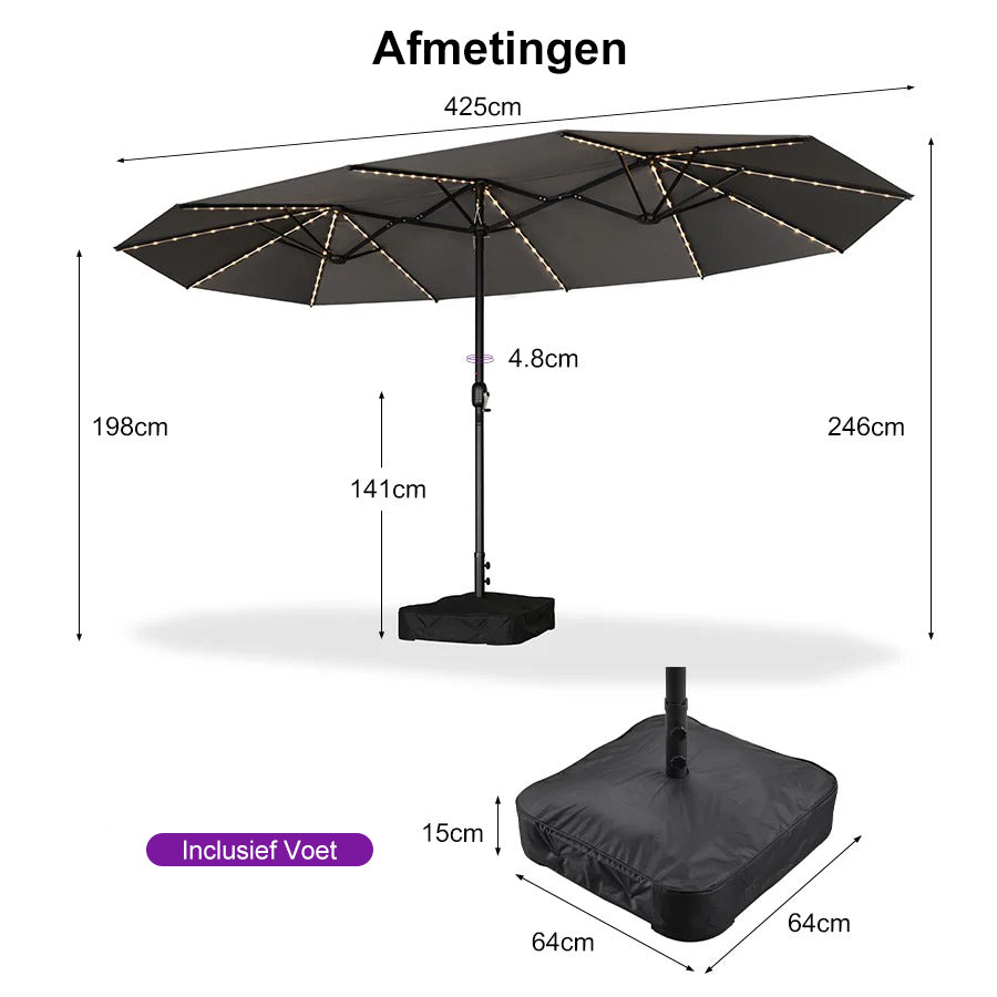 PURPLE LEAF Grote Parasol met 3 Kappen en LED-verlichting voor Tuin en Terras, inclusief Voet
