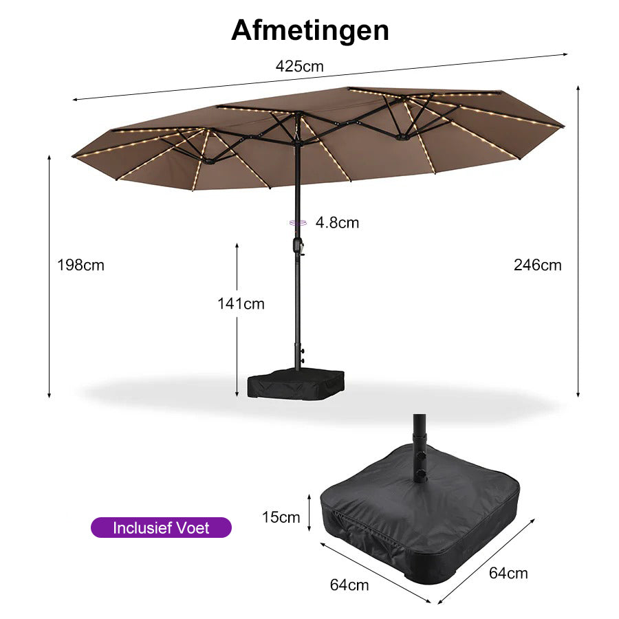 PURPLE LEAF Grote Parasol met 3 Kappen en LED-verlichting voor Tuin en Terras, inclusief Voet