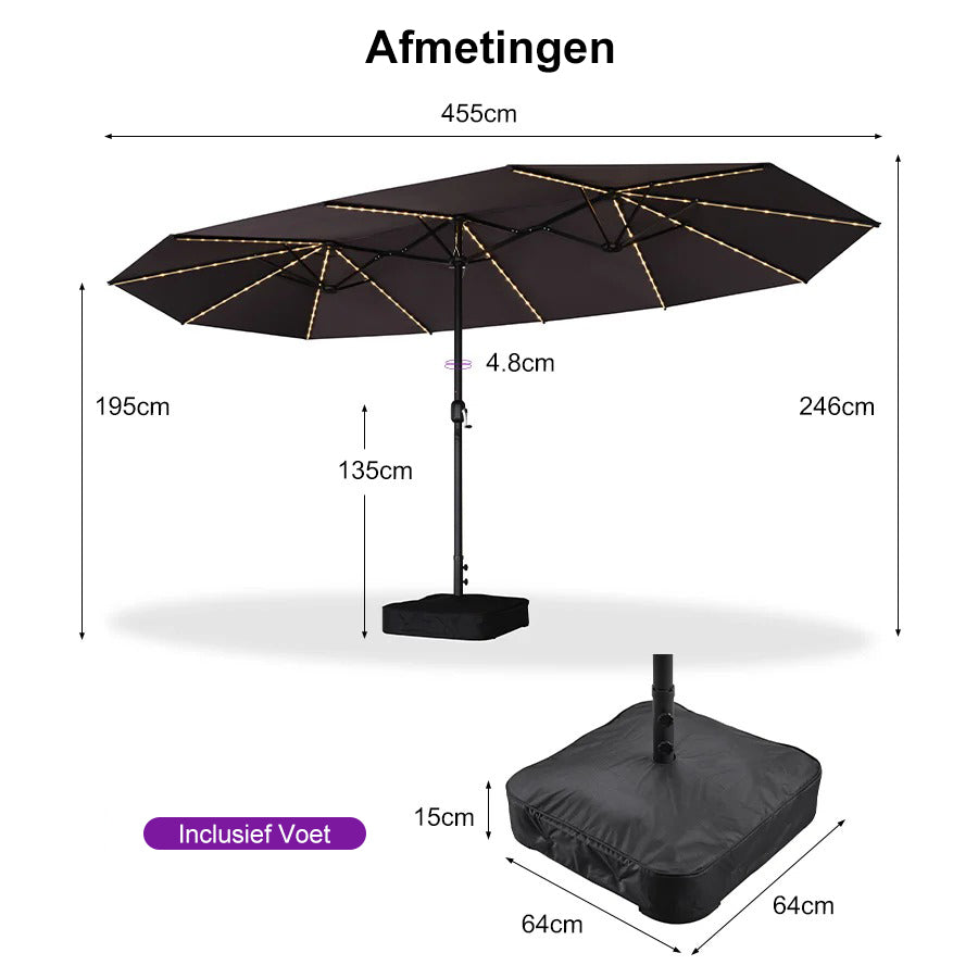 PURPLE LEAF Grote Parasol met 3 Kappen en LED-verlichting voor Tuin en Terras, inclusief Voet